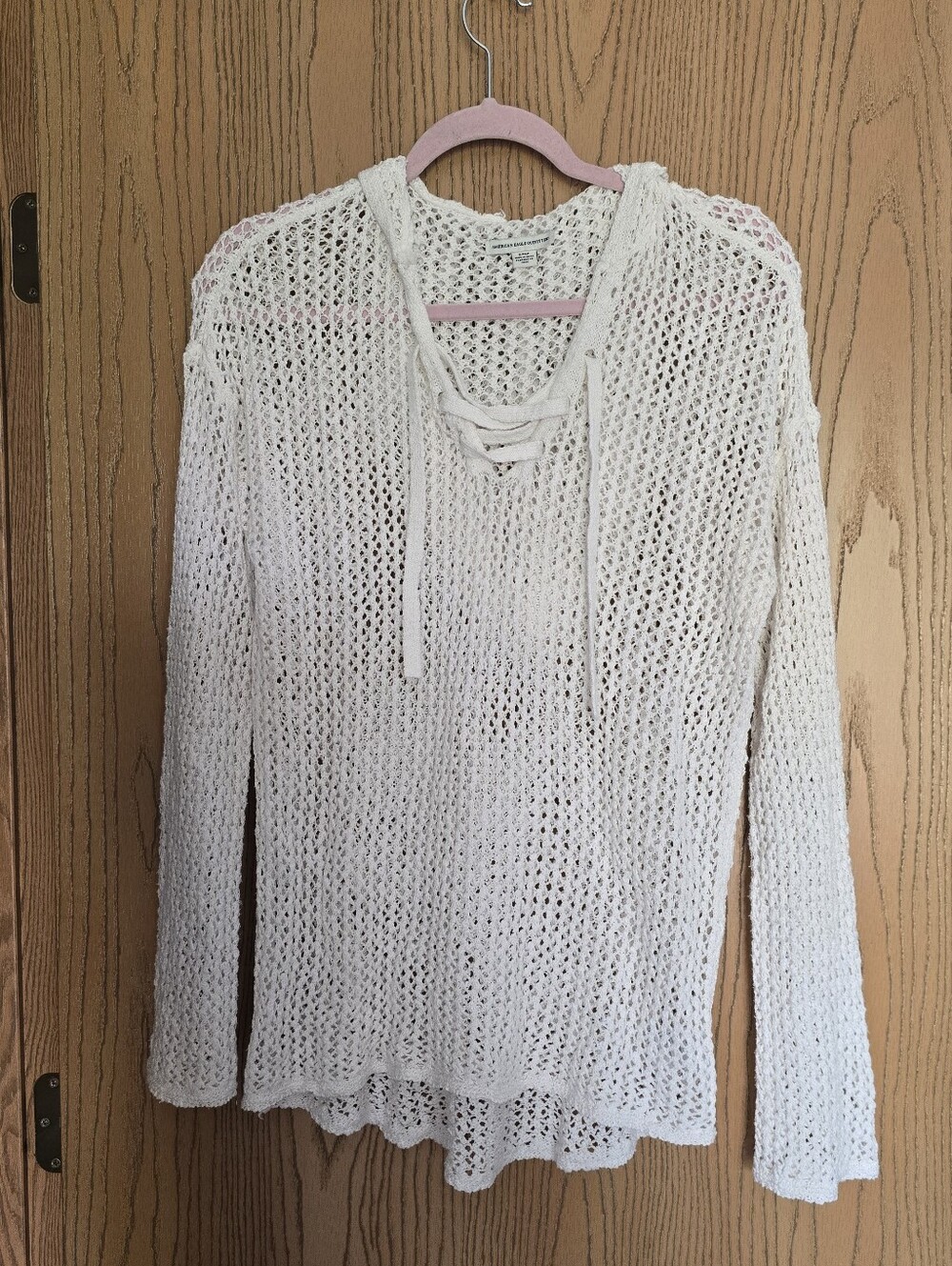 American Eagle Outfitters Cream Open-Knit Lace-Up Hooded Sweater